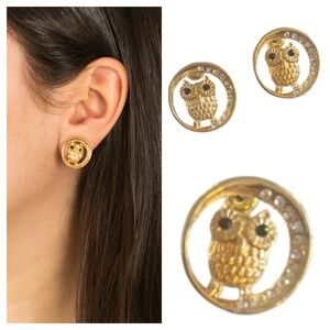 Owl Gold Tone Earrings with Rhinestone Eye Accent Detail Whimsical Studs